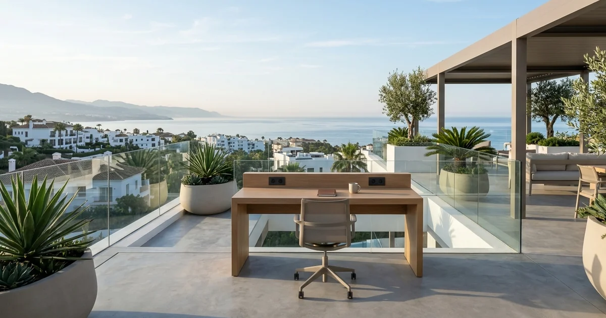 Panoramic view of Marbella coastline from a quiet modern terrace with Mediterranean sea in the distance