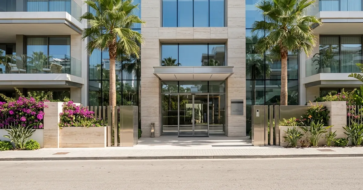 Modern Marbella residential apartment building entrance with palm trees under bright Mediterranean sunlight