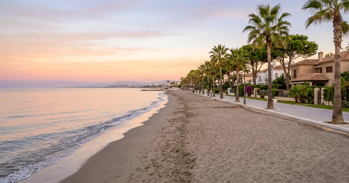 Quiet Marbella beach at sunrise with calm Mediterranean water and palm-lined residential promenade