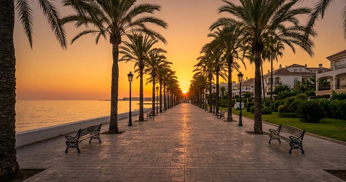 Quiet Marbella coastal promenade at sunset with palm trees and residential buildings representing retirement lifestyle