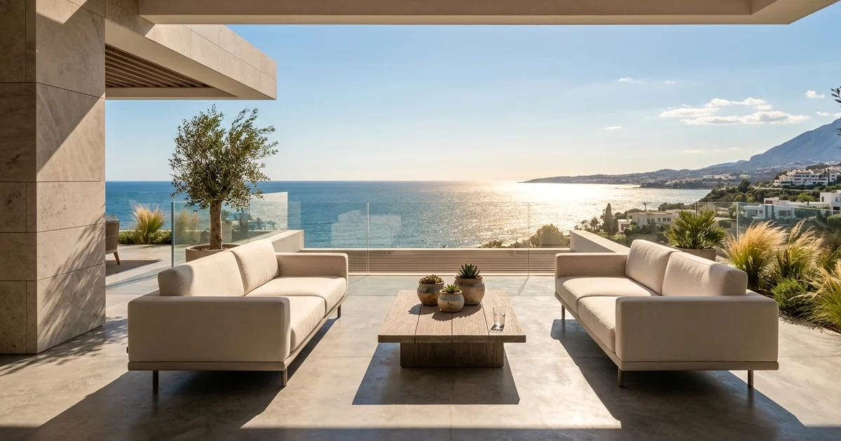 Modern sunny Mediterranean terrace in Marbella overlooking the sea representing remote work lifestyle environment