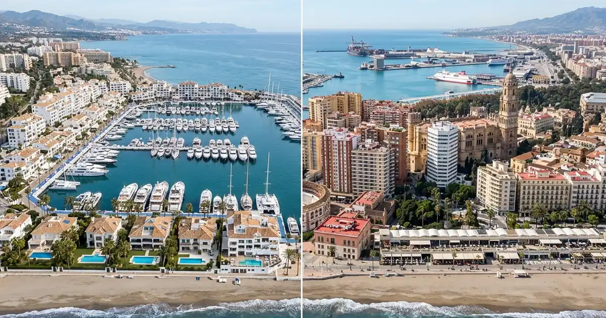Split coastal comparison showing Marbella luxury marina on one side and Malaga urban city skyline on the other under clear Mediterranean sky