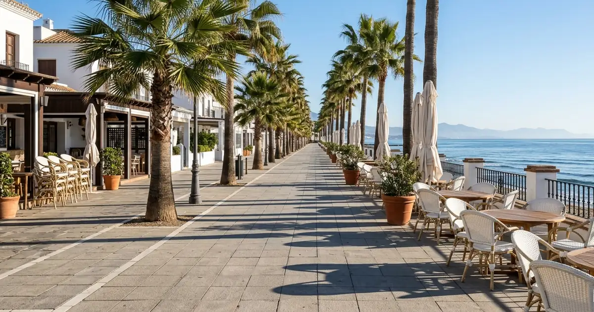 Quiet Marbella promenade on a sunny winter morning with palm trees, empty cafés and clear blue Mediterranean sky