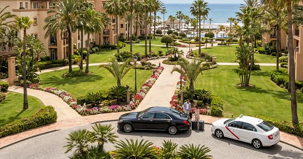 Marriott Marbella Beach Resort gardens with taxi arrival near beach access