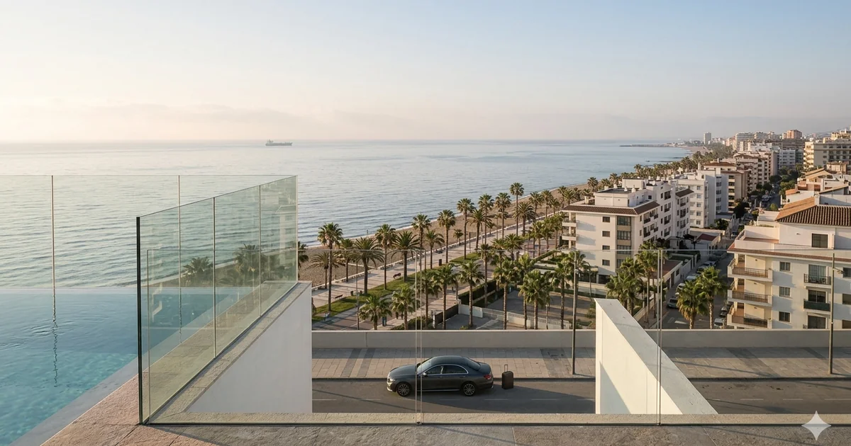 View from rooftop terrace at Meliá Costa del Sol with coastline and early morning departure atmosphere