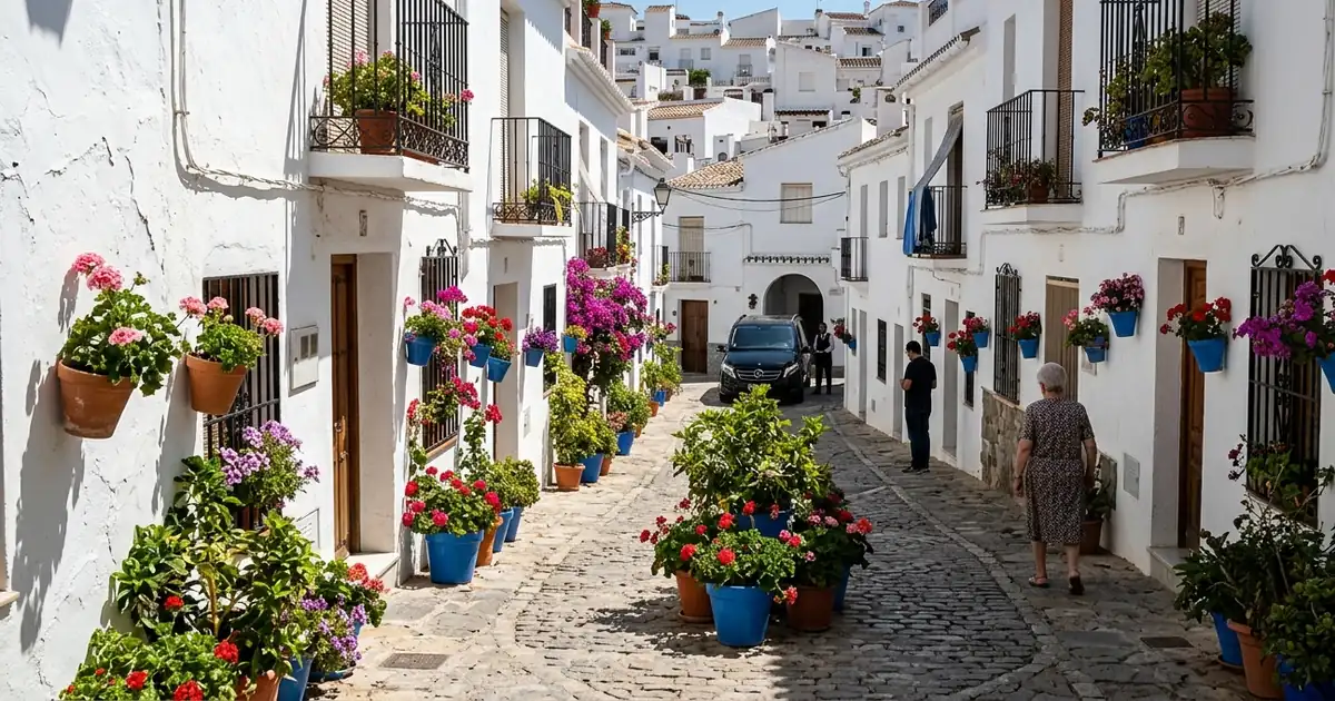 Mijas Pueblo narrow street with white houses and subtle airport transfer departure