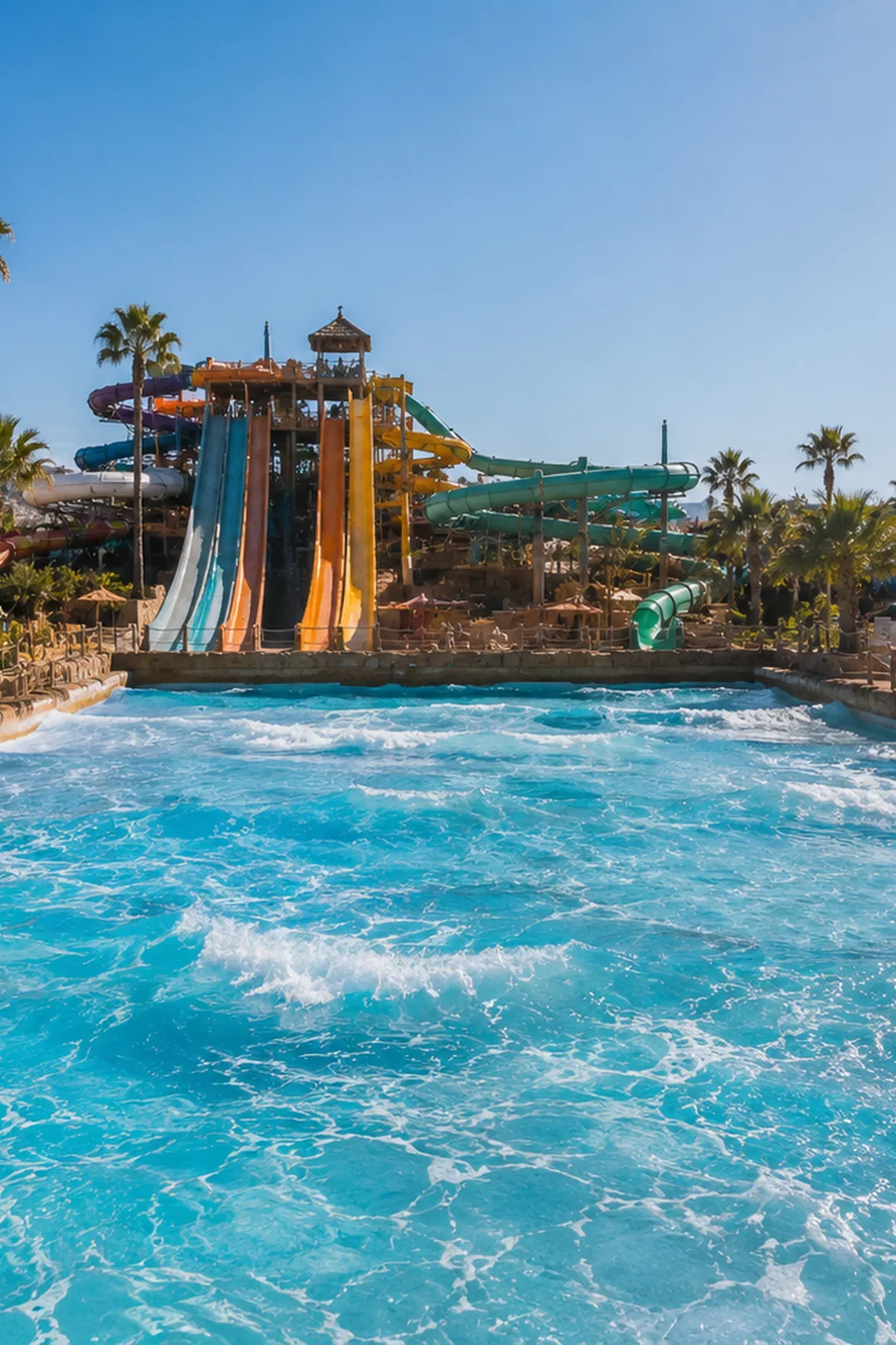 Benalmádena water park wave pool with slides and Mediterranean summer atmosphere.