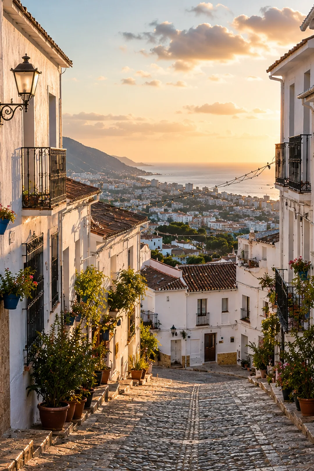 Whitewashed street in Benalmádena Pueblo with flower pots and Mediterranean mountain views.