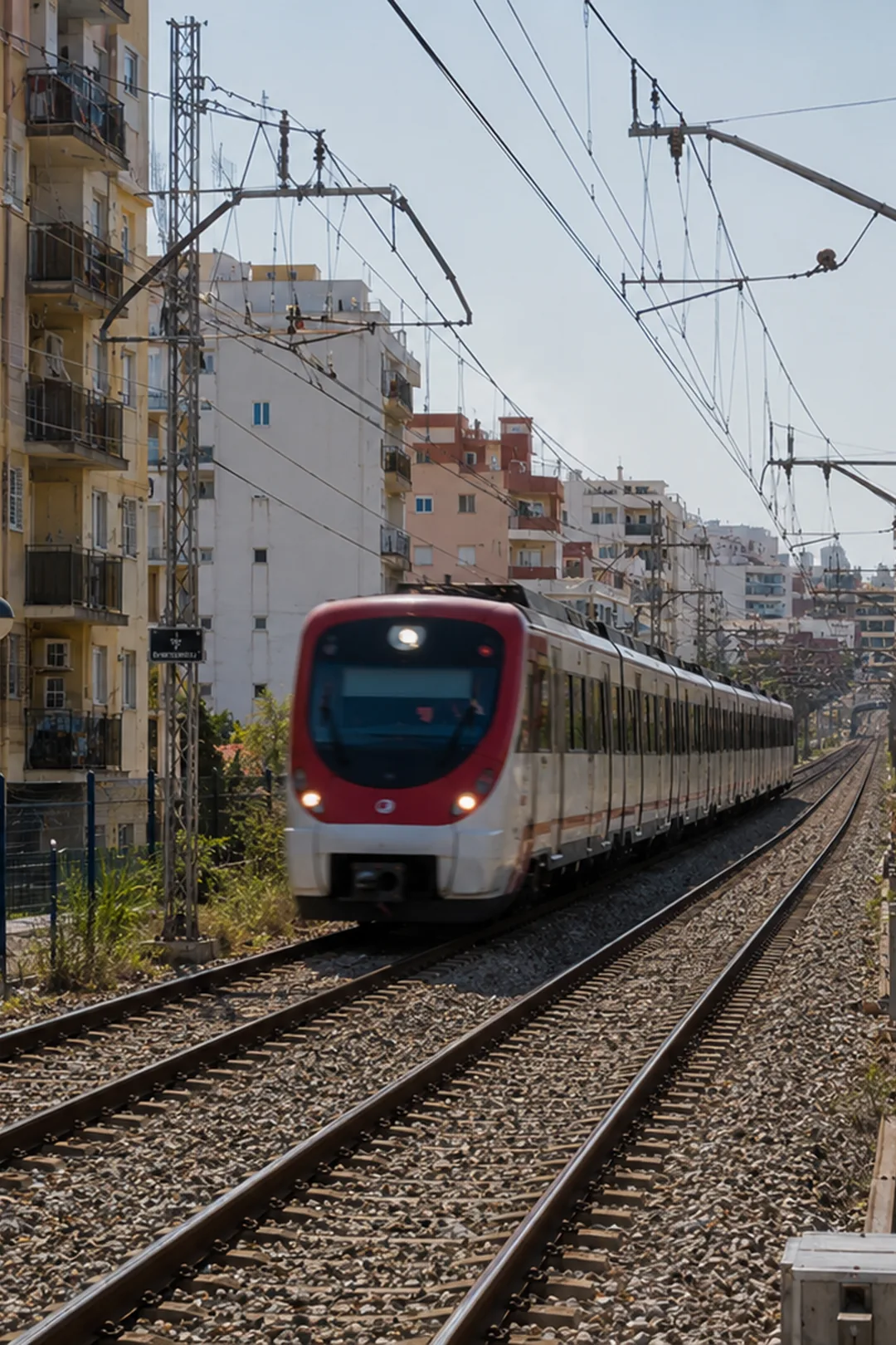 Cercanías C1 train passing through Benalmádena urban rail corridor with stations and residential buildings.