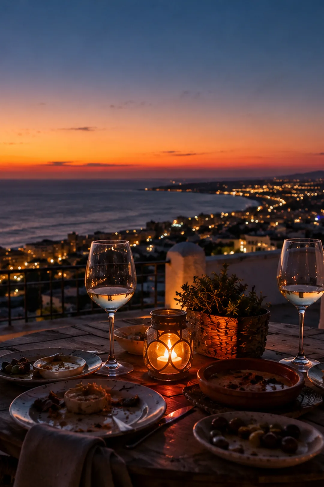 Romantic rooftop terrace in Benalmádena overlooking the Mediterranean at sunset