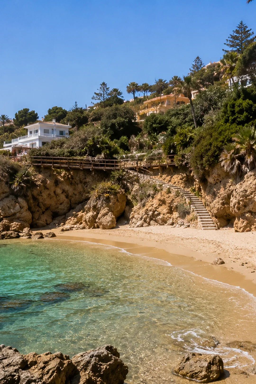 Small sandy beach in Benalmádena surrounded by rocky coastline and Mediterranean walkway