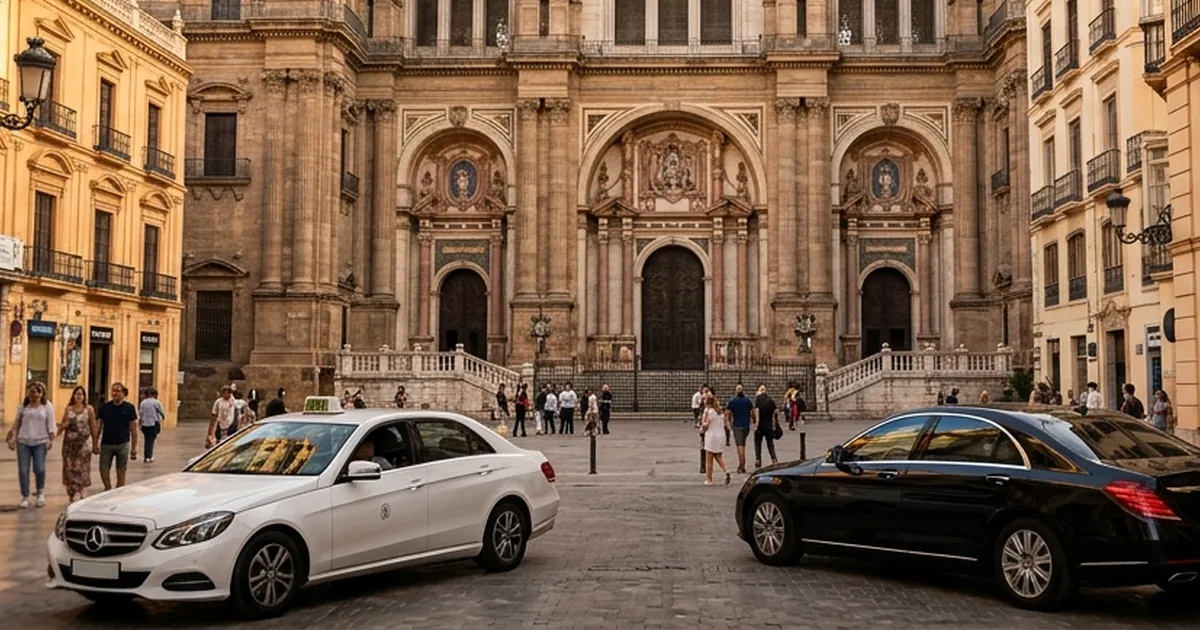 Historic cathedral square arrival with taxi near Molina Lario Hotel Malaga