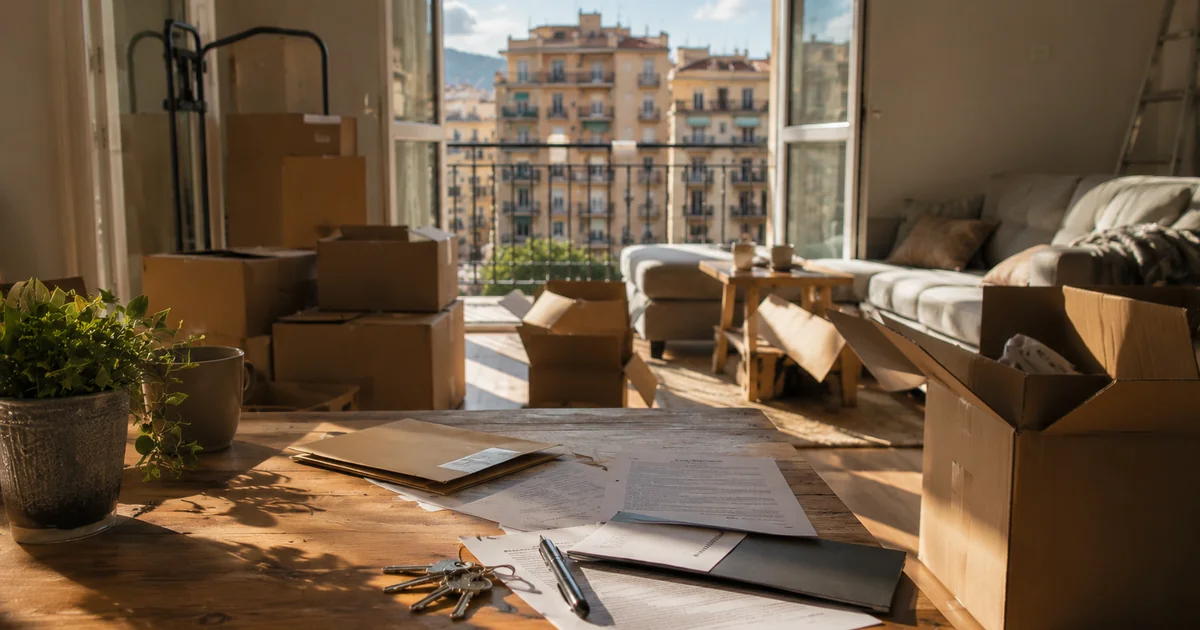 Partially unpacked Málaga apartment with moving boxes and Spanish paperwork representing relocation process