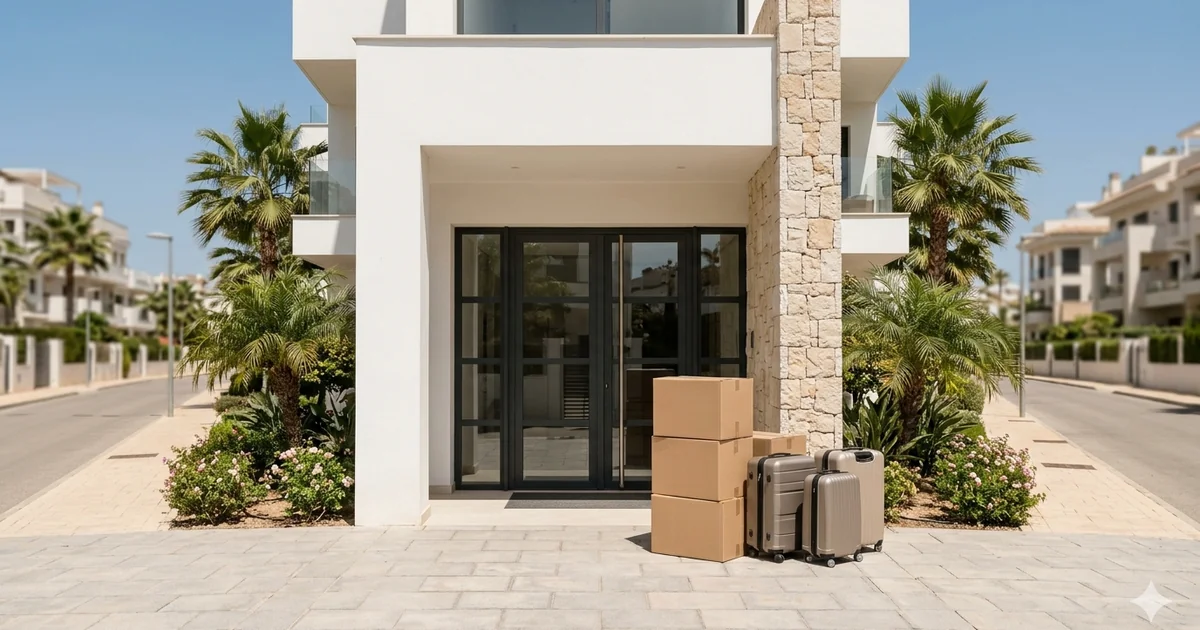 Empty moving boxes and suitcases outside a modern Marbella apartment building under bright Mediterranean sunlight