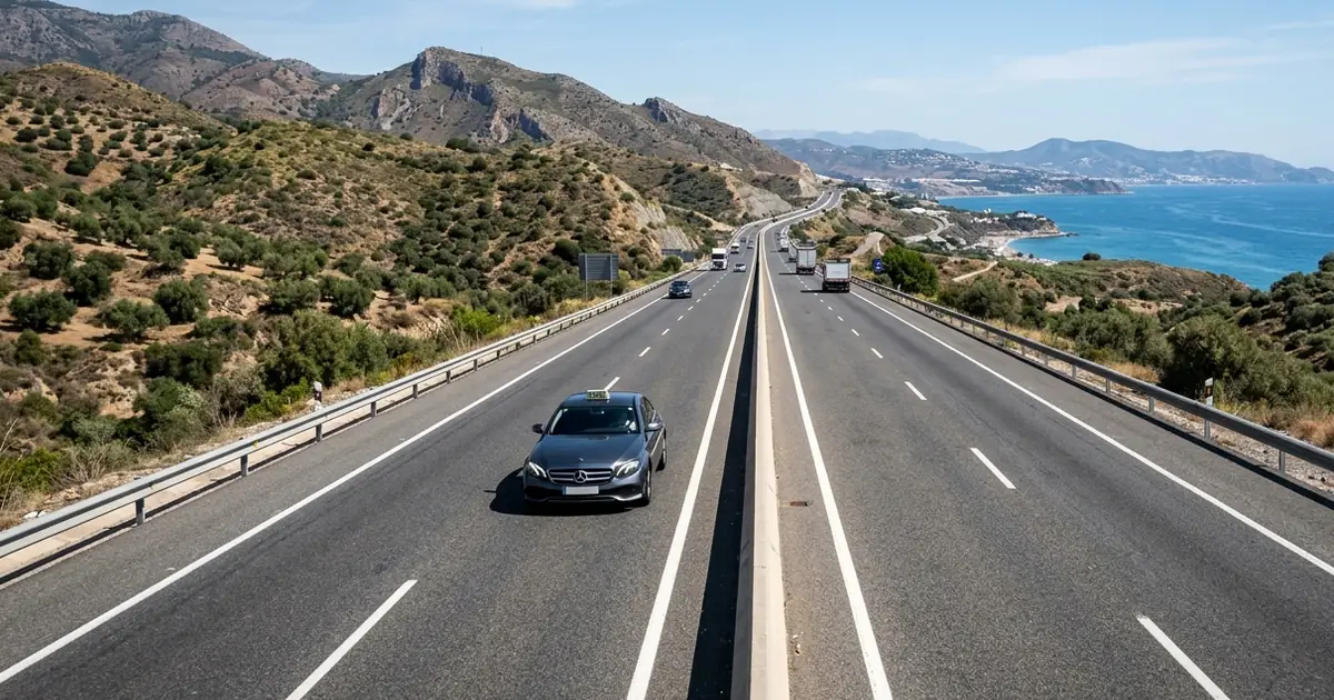Taxi driving on AP-7 highway from Marbella to Malaga Airport with mountains and coastal landscape