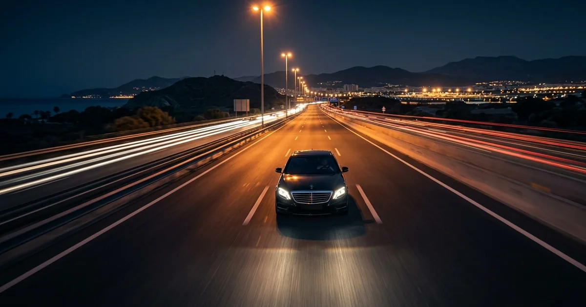 Night taxi transfer from Marbella to Malaga Airport with highway lights and premium travel atmosphere