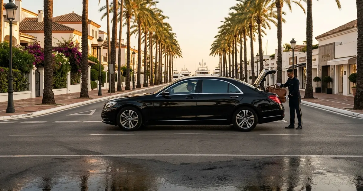 Luxury taxi departure near Puerto Banus with palm-lined boulevard and upscale coastal atmosphere