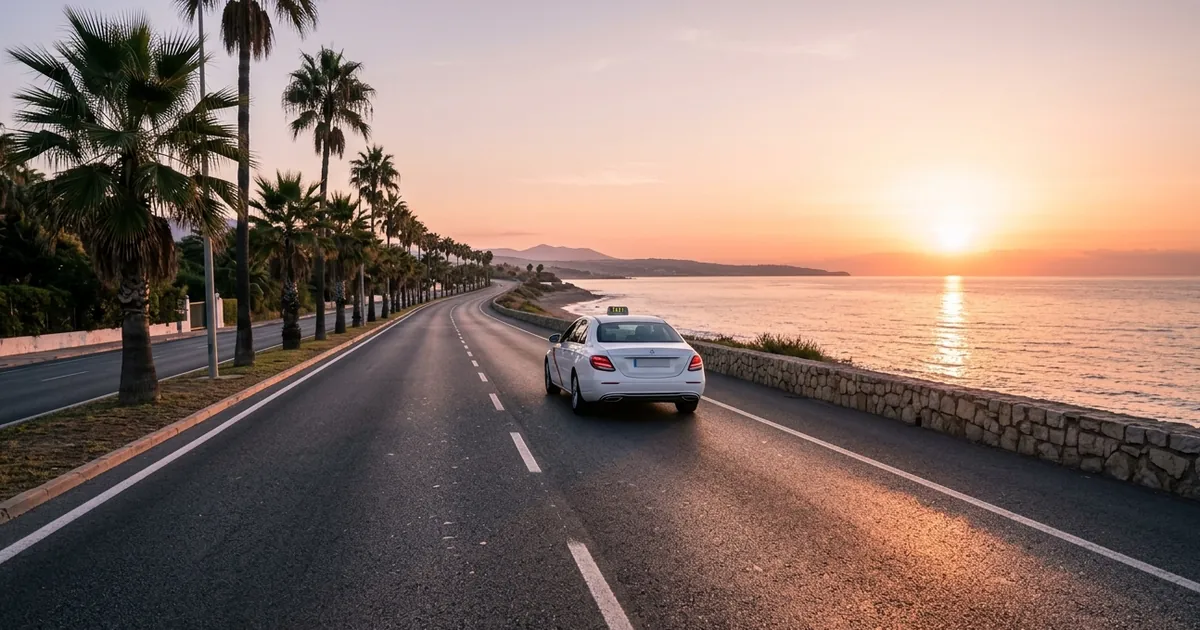 Taxi driving along Marbella coastline at sunset towards Malaga Airport with sea and palm trees