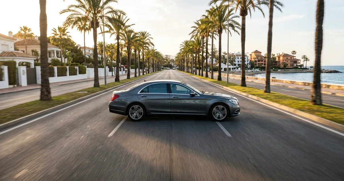 Taxi driving along Marbella Golden Mile near Puente Romano with sea and palm-lined road