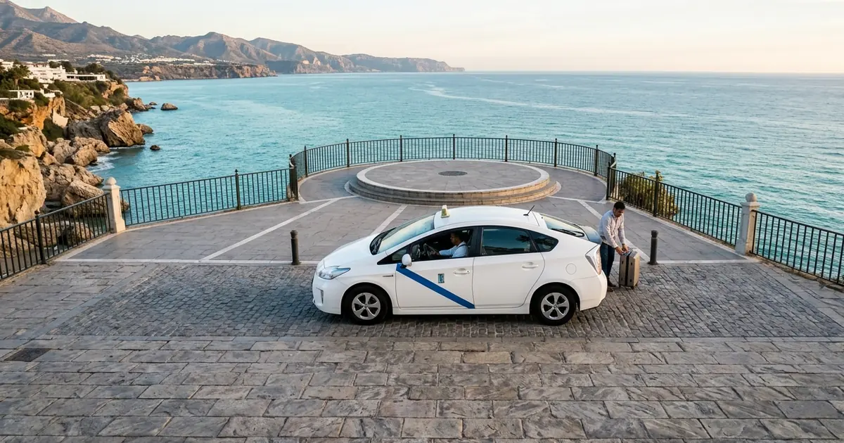 Taxi near Balcon de Europa viewpoint in Nerja with sea views and elevated coastal setting