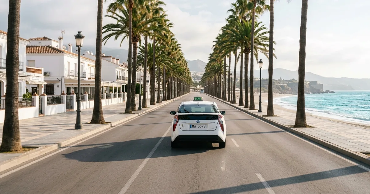 Taxi driving along beachfront road in Nerja with palm trees and calm coastal morning