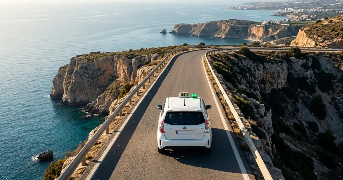 Taxi departing from clifftop road in Nerja with sea views and dramatic coastal cliffs
