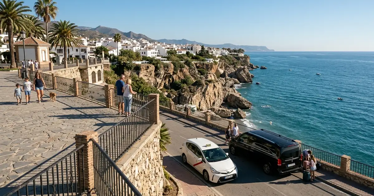 Nerja Balcon de Europa with taxi and transfer departing for Malaga Airport