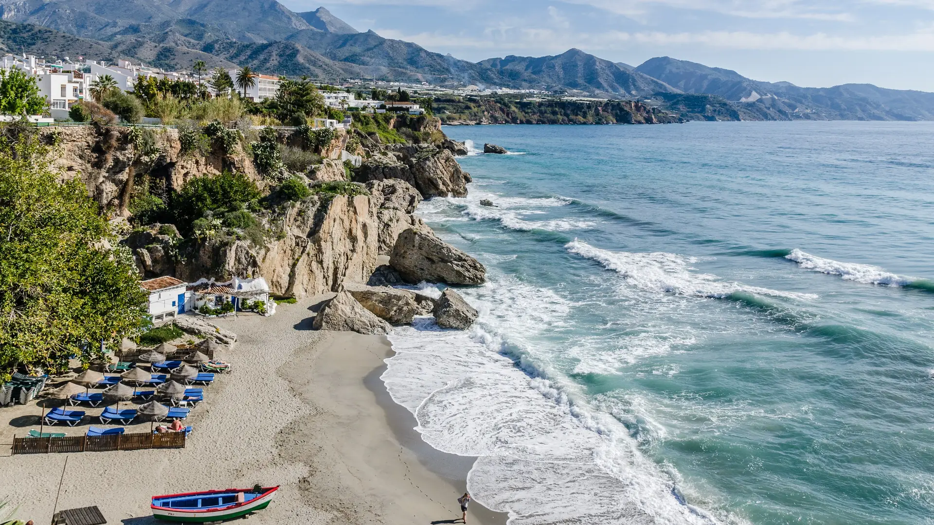 View from the Balcón de Europa viewpoint in Nerja over the Mediterranean Sea and the Costa del Sol coastline