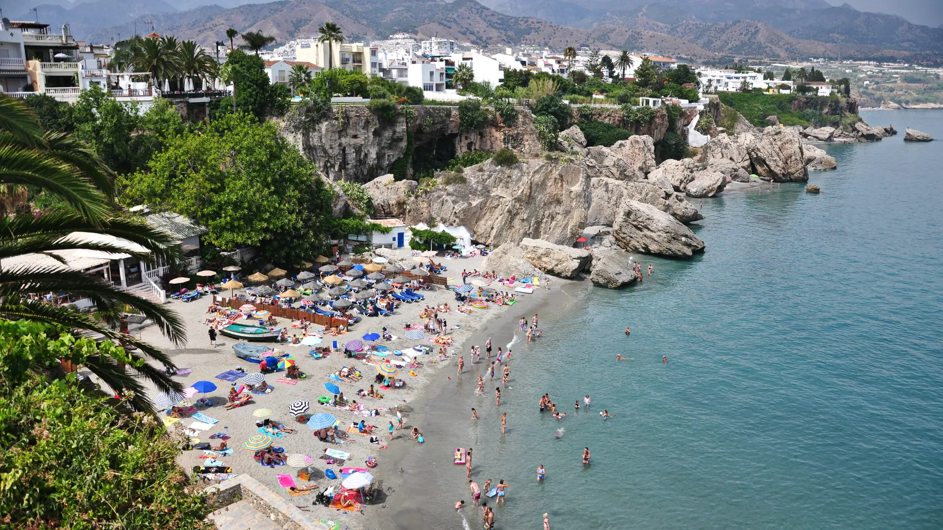 Whitewashed houses and hotels of Nerja old town above the Mediterranean Sea on the Costa del Sol