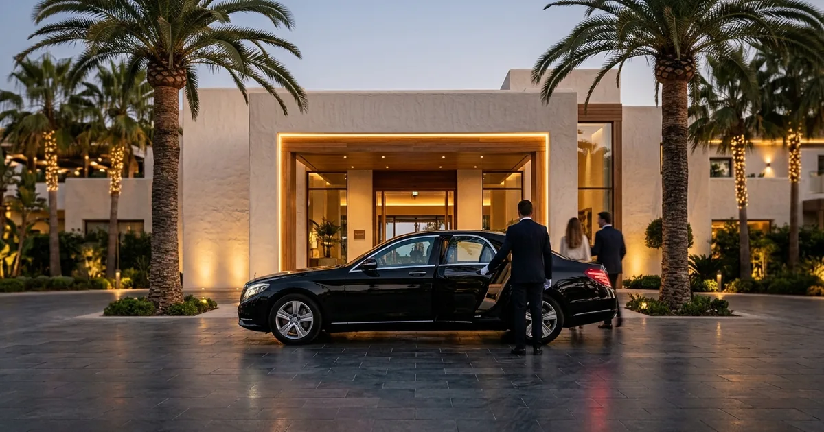 Luxury car arriving at Nobu Hotel Marbella entrance with palm trees and modern resort architecture