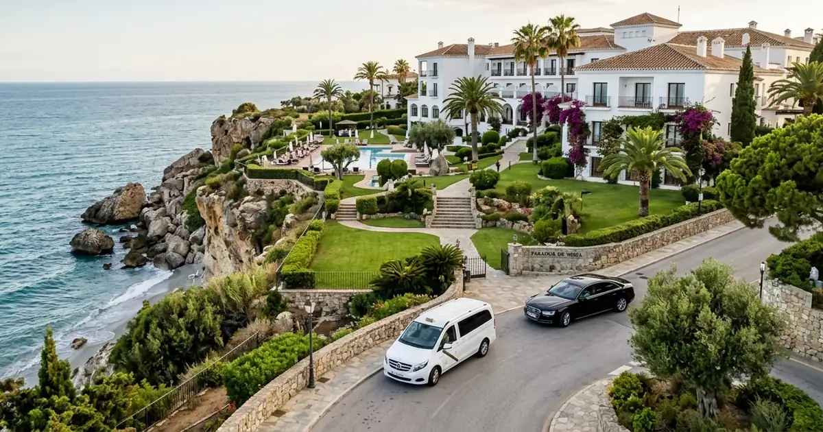Clifftop garden hotel arrival with sea view at Parador de Nerja