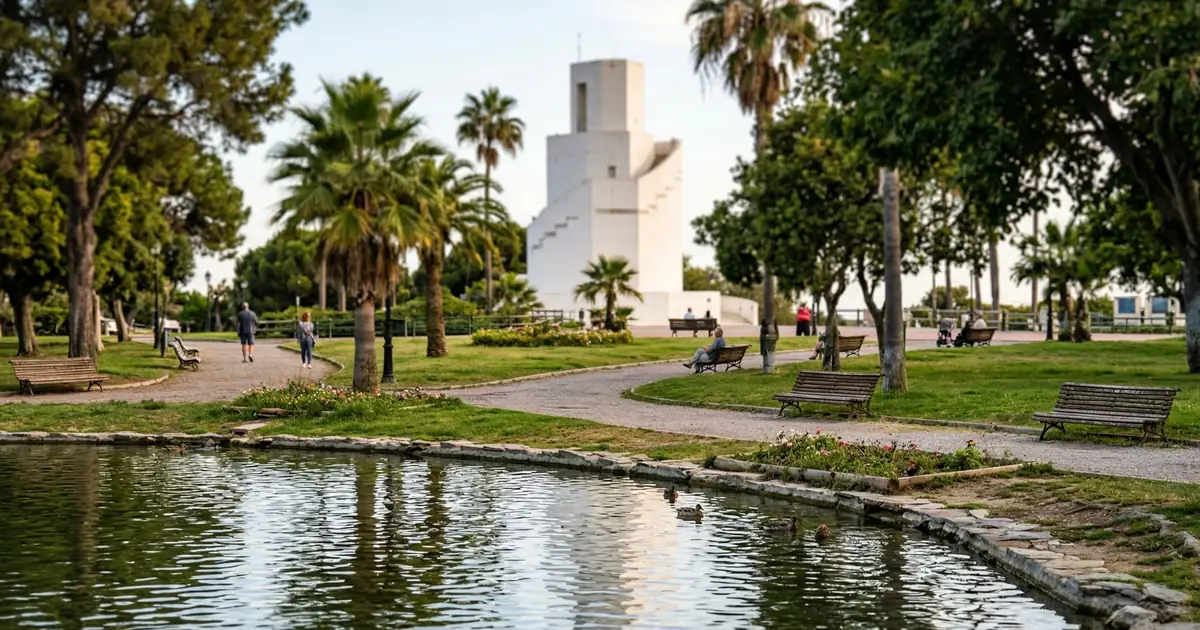 Parque de la Batería in Torremolinos with lake, palm trees and observation tower
