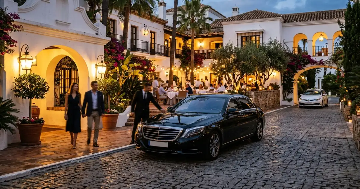Luxury courtyard evening arrival at Puente Romano Marbella with private transfer