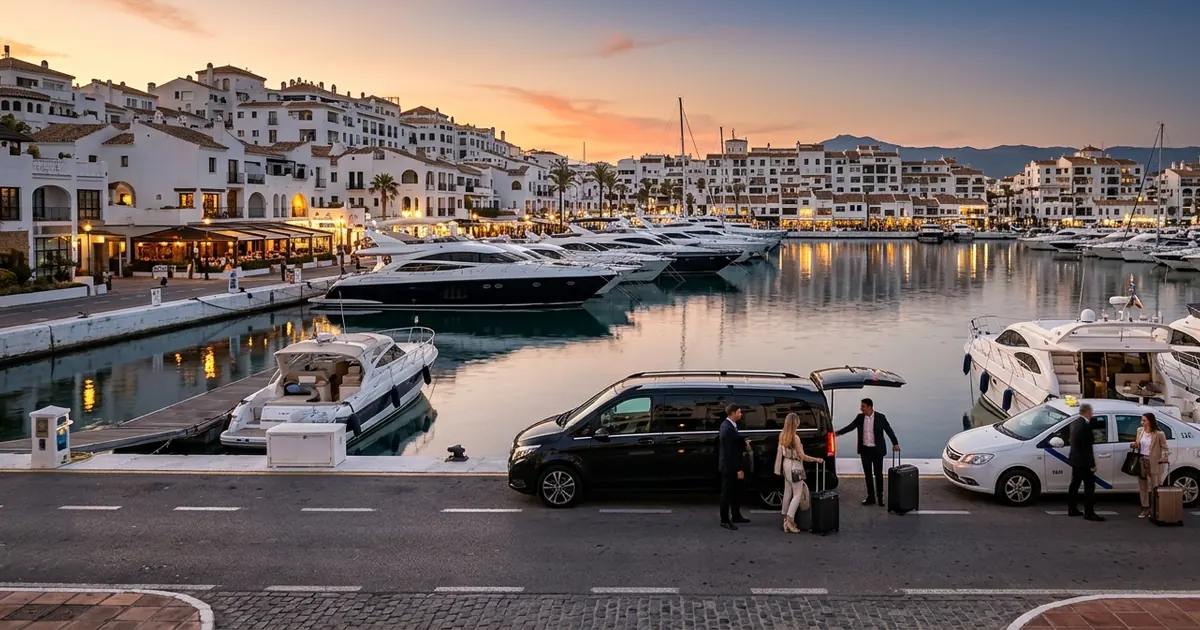 Luxury marina at Puerto Banus with evening airport transfer departure