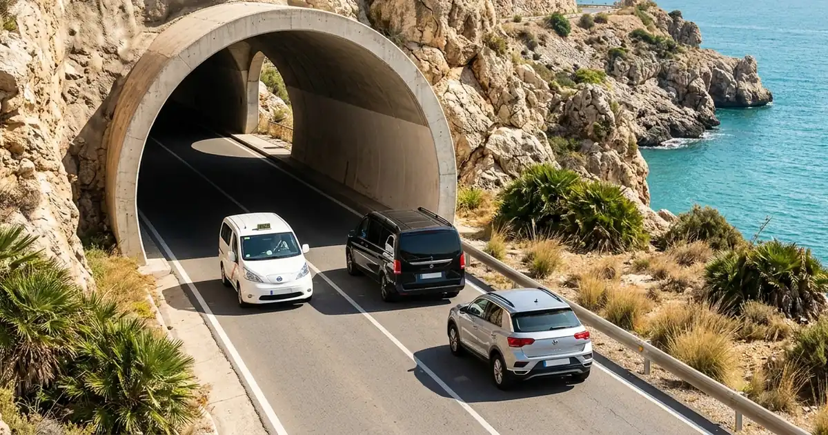 Coastal tunnel near Rincon de la Victoria with taxi heading to Malaga Airport