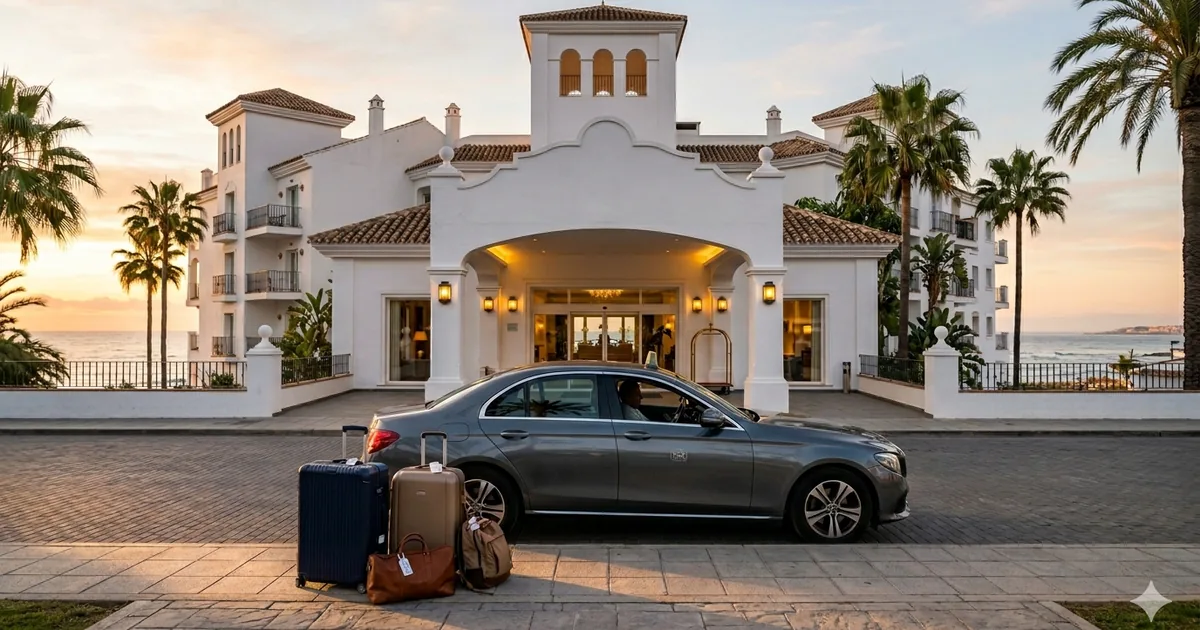 Early morning taxi departure from Hotel Riu Costa del Sol with luggage and soft sunrise light