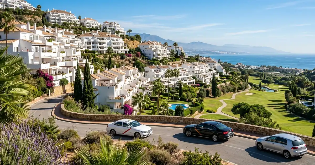 Riviera del Sol hillside coastal residential area with morning airport transfer toward Malaga