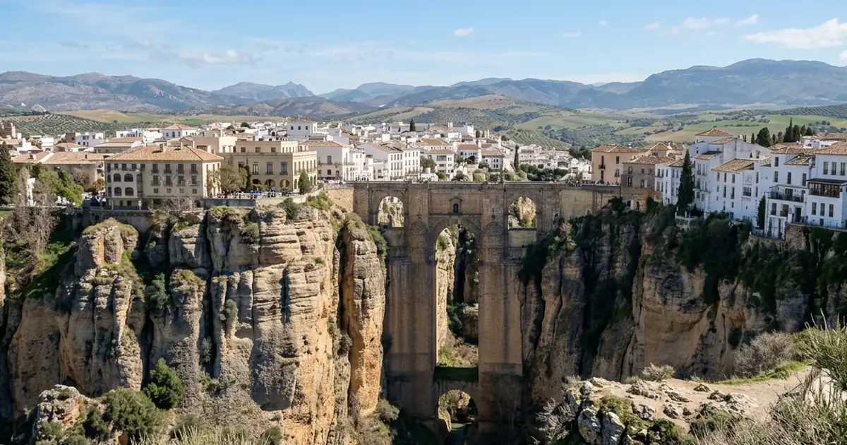 Vista del Puente Nuevo en Ronda sobre el desfiladero del Tajo con casas blancas y cielo despejado