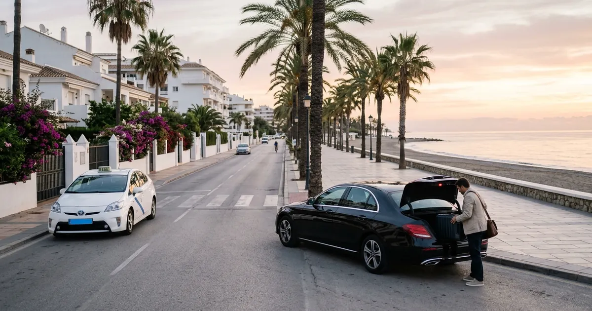 San Pedro promenade early morning transfer departure toward Malaga Airport
