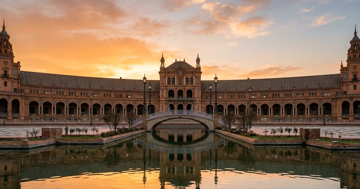 Plaza de España en Sevilla al atardecer con reflejo en el canal, arquitectura monumental y luz dorada andaluza