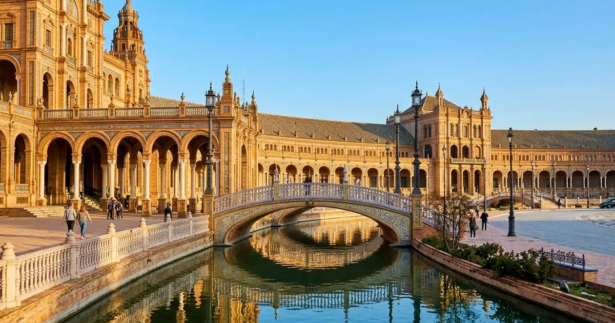 Seville Plaza de España with canal and distant airport transfer departure
