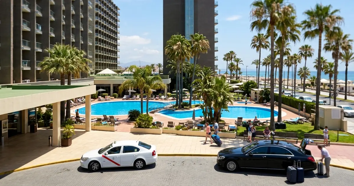 Beachfront high-rise resort arrival with taxi at Sol Príncipe Torremolinos