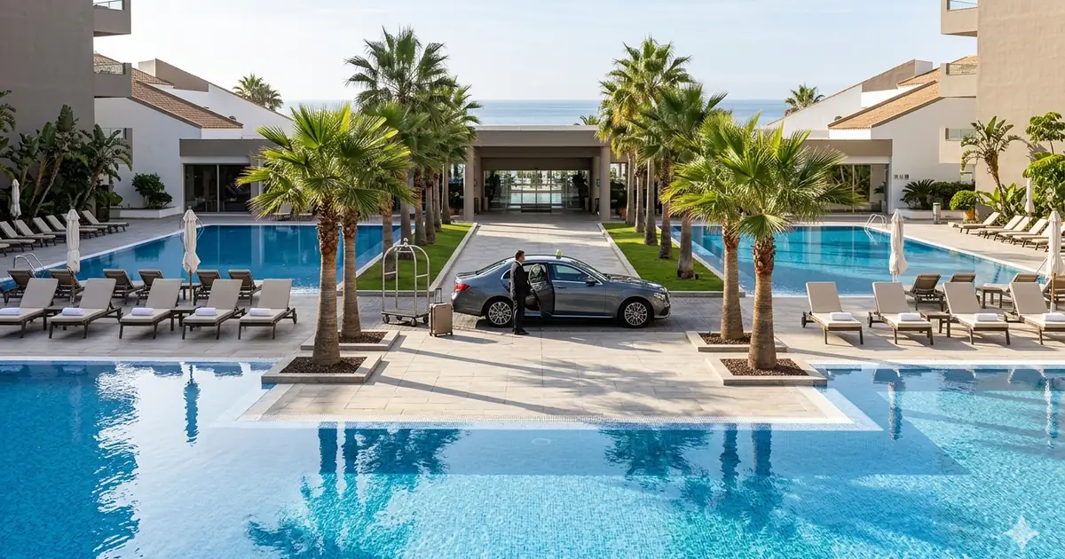 Morning departure from Sol Príncipe Torremolinos with poolside view, palm trees and taxi waiting outside