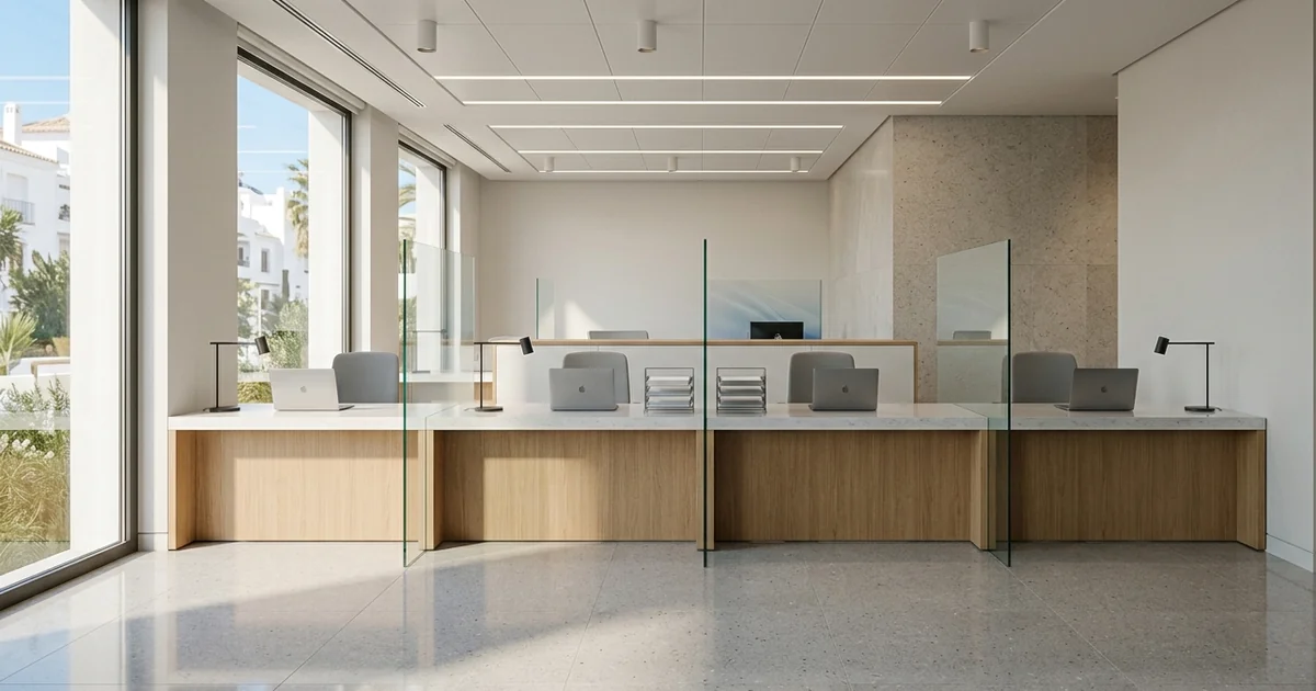 Modern Spanish bank interior with minimalist service desk and glass facade representing expat banking process