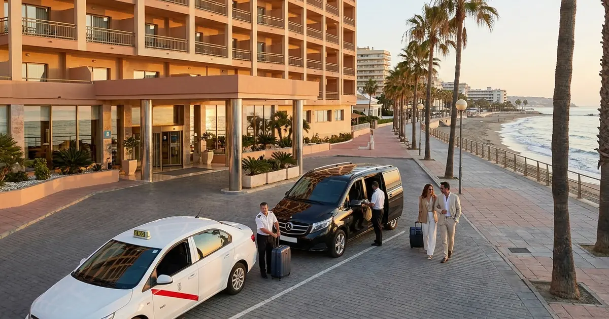 Beachfront aparthotel arrival with taxi at Sunset Beach Club Benalmádena