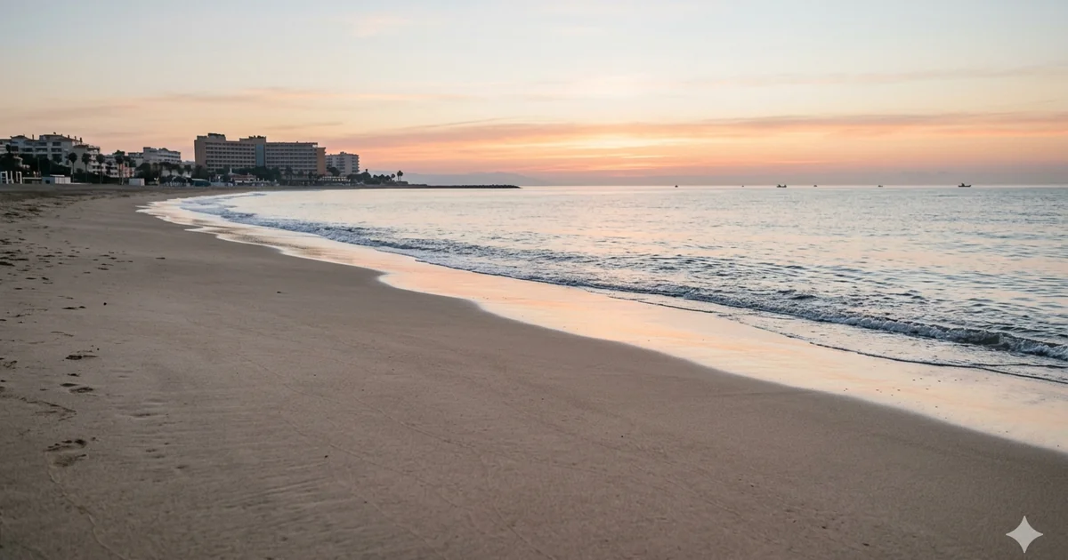 Early morning beach near Sunset Beach Club Benalmadena with soft sunrise light and quiet departure atmosphere