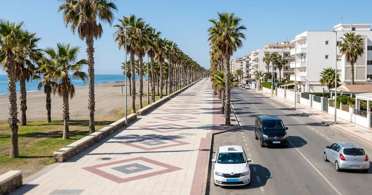 Torre del Mar beachfront promenade with early airport transfer heading west to Malaga