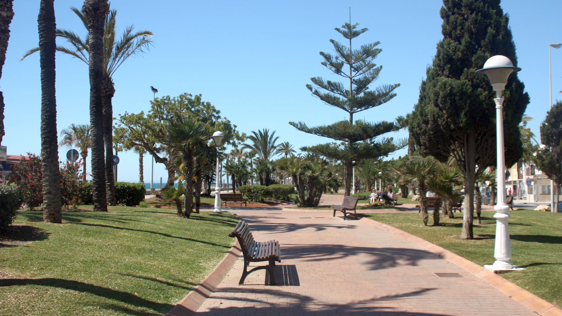The wide palm-lined seafront promenade and beach at Torre del Mar