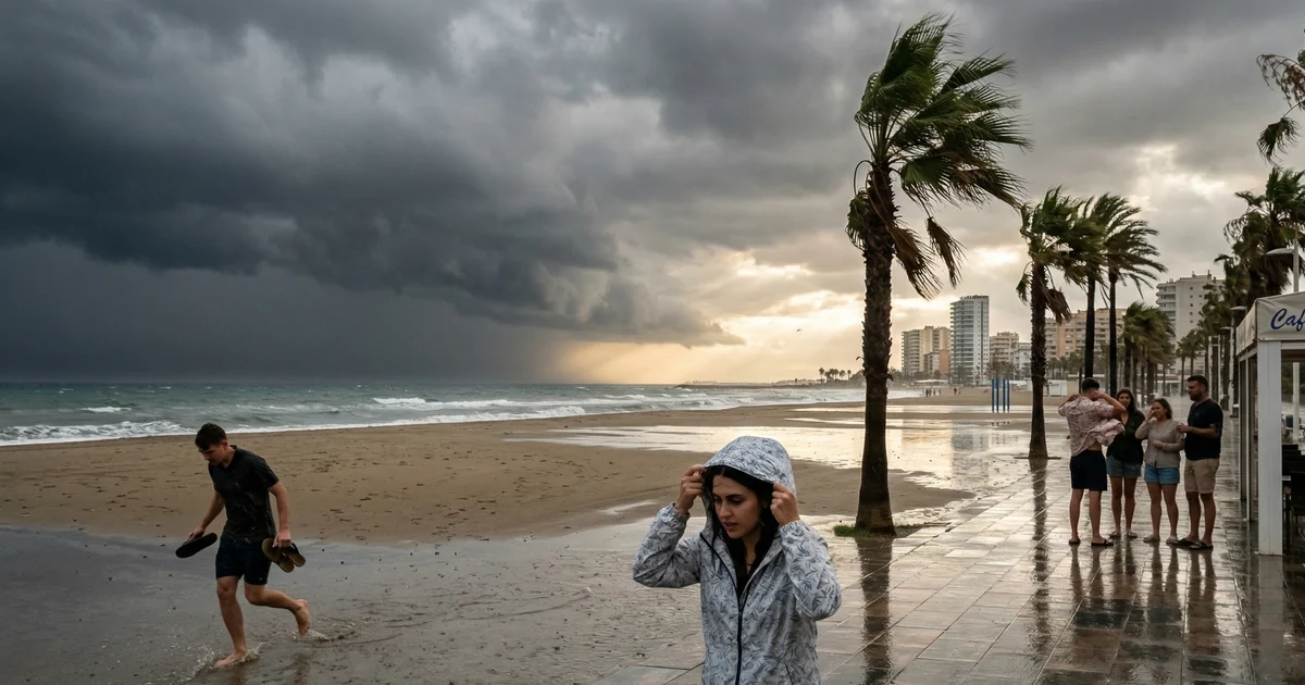 Stormy beach in Torremolinos with young adults reacting to sudden rain and strong wind.