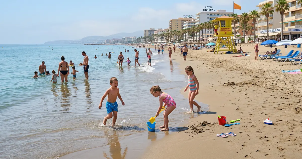 Family beach in Torremolinos with shallow water and children playing